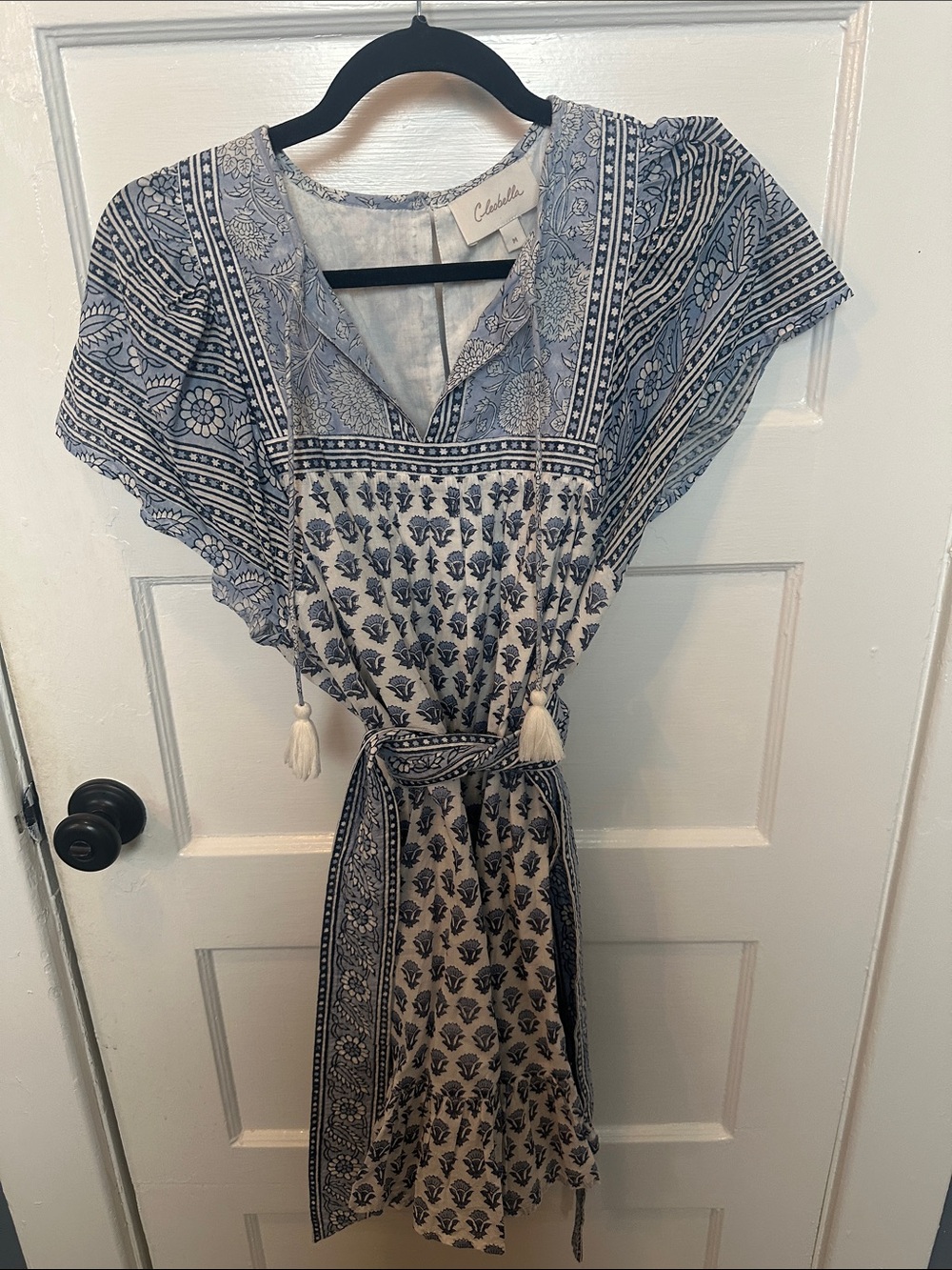 Cleobella Blue and White Mini Dress with Tassel Tie